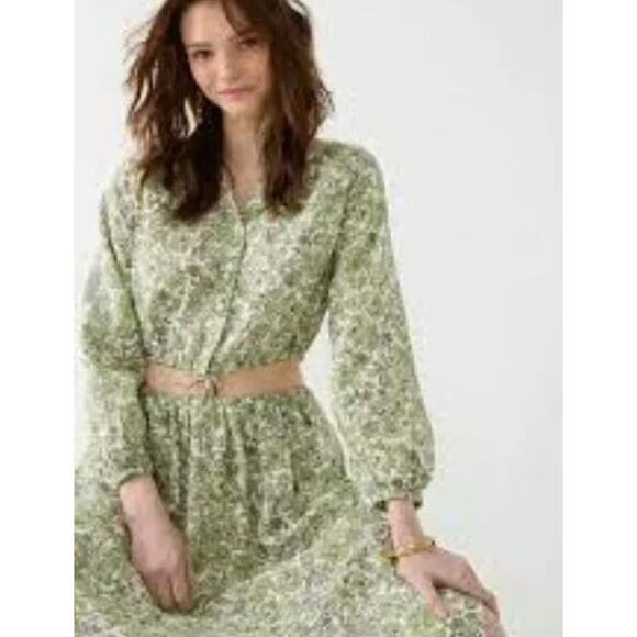 J. Crew Long Sleeve Linen Cropped Top Tossed Floral Green Women's Size Large - Picture 1 of 13
